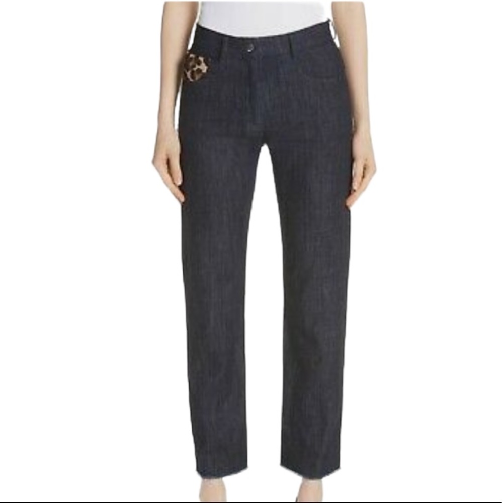 Michael Kors COLLECTION Dark Denim Straight Leg Jean with Leather Leopard NEW